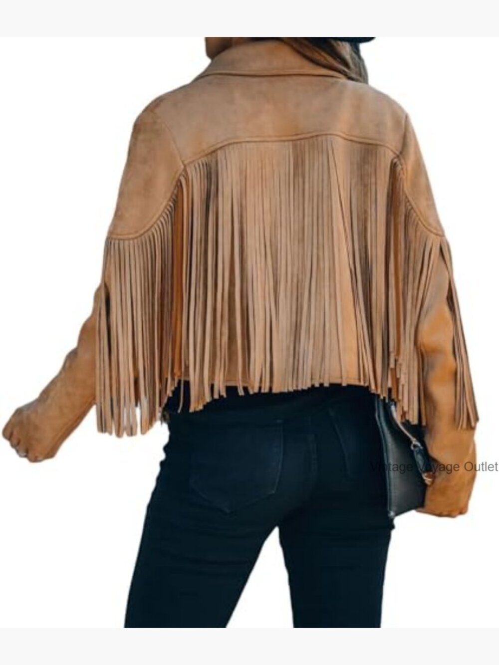 Faux Leather Cropped Jacket with Fringe Tassels, Western Style, Regular Fit - Picture 3 of 7